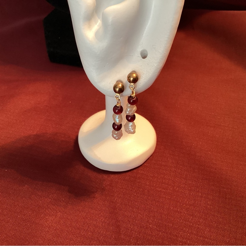 Freshwater Pearl & Red Stone Drop Earrings